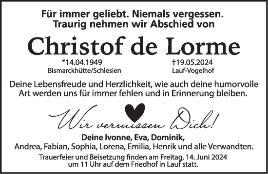 Traueranzeige von Christof de Lorme von Pegnitz-Zeitung