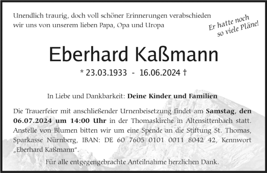 Traueranzeige von Eberhard Kaßmann von Hersbrucker Zeitung Lokal