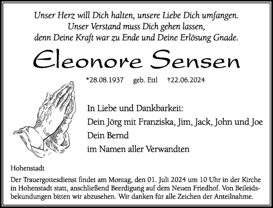 Traueranzeige von Eleonore Sensen von Hersbrucker Zeitung Lokal