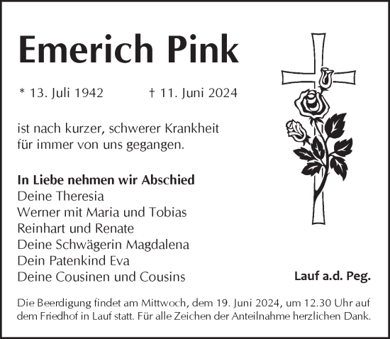 Traueranzeige von Emerich Pink von Pegnitz-Zeitung
