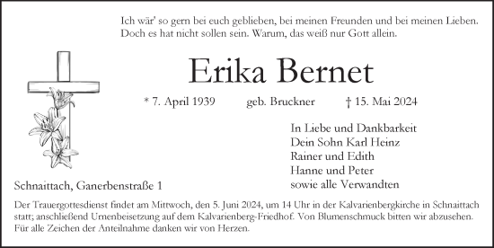 Traueranzeige von Erika Bernet von Pegnitz-Zeitung