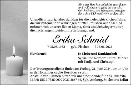 Traueranzeige von Erika Schmid von Hersbrucker Zeitung Lokal