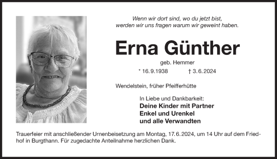 Traueranzeige von Erna Günther von Der Bote