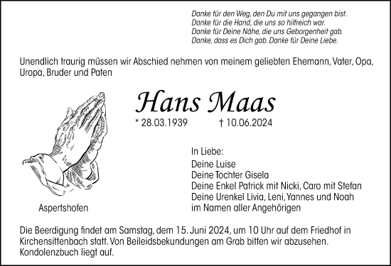 Traueranzeige von Hans Maas von Pegnitz-Zeitung