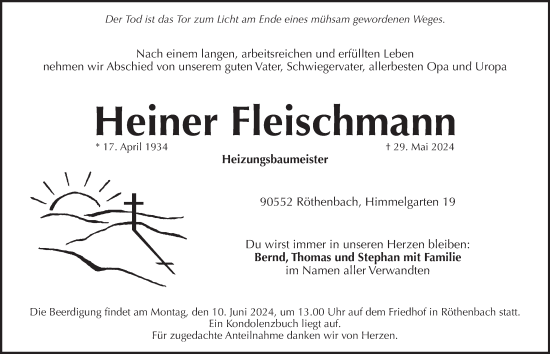 Traueranzeige von Heiner Fleischmann von Pegnitz-Zeitung