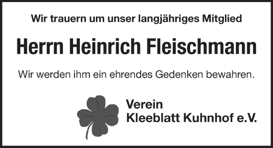 Traueranzeige von Heinrich Fleischmann von Pegnitz-Zeitung