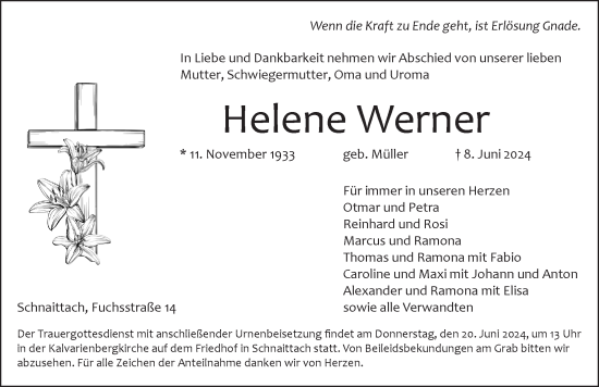Traueranzeige von Helene Werner von Pegnitz-Zeitung