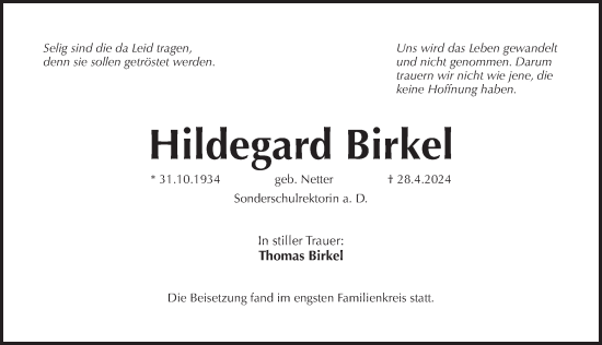 Traueranzeige von Hildegard Birkel von Pegnitz-Zeitung