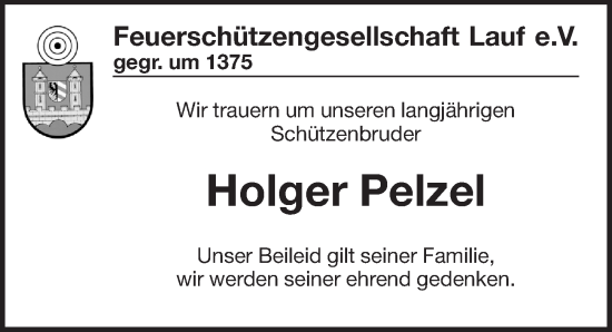 Traueranzeige von Holger Pelzel von Pegnitz-Zeitung