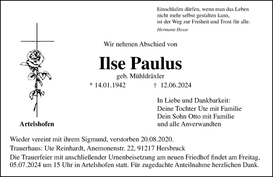Traueranzeige von Ilse Paulus von Hersbrucker Zeitung Lokal