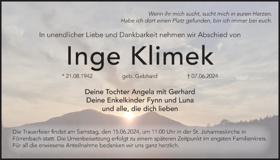 Traueranzeige von Inge Klimek von Hersbrucker Zeitung Lokal