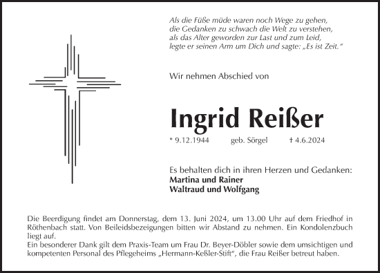 Traueranzeige von Ingrid Reißer von Pegnitz-Zeitung