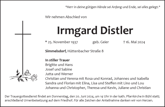 Traueranzeige von Irmgard Distler von Pegnitz-Zeitung