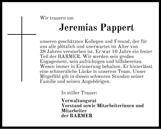 Traueranzeige von Jeremias Pappert von Der Bote
