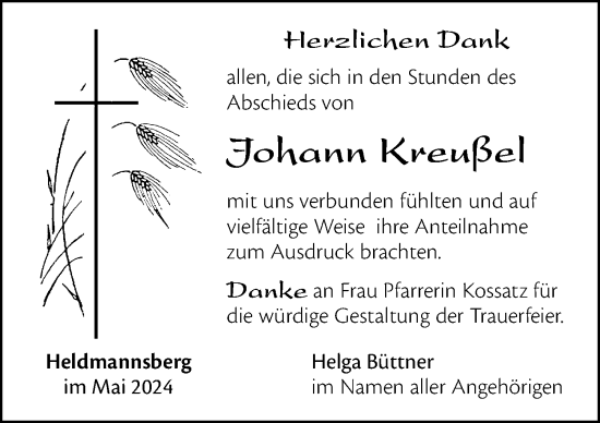 Traueranzeige von Johann Kreußel von Hersbrucker Zeitung Lokal
