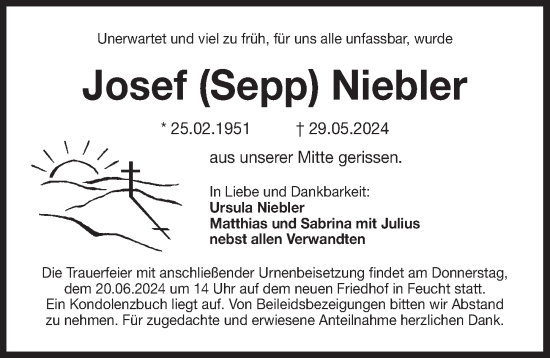 Traueranzeige von Josef Niebler von Der Bote