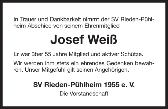 Traueranzeige von Josef Weiß von Der Bote