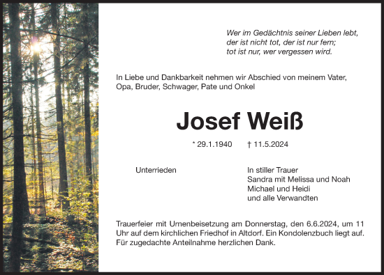 Traueranzeige von Josef Weiß von Der Bote