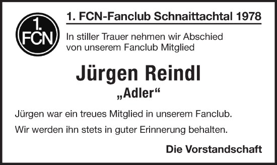 Traueranzeige von Jürgen Reindl von Pegnitz-Zeitung