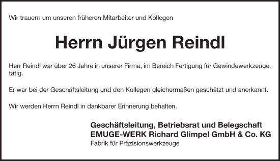 Traueranzeige von Jürgen Reindl von Pegnitz-Zeitung