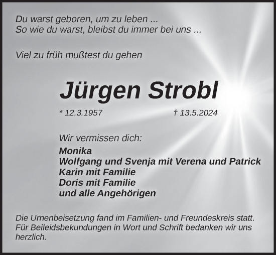 Traueranzeige von Jürgen Strobl von Pegnitz-Zeitung