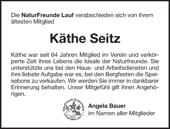 Traueranzeige von Käthe Seitz von Pegnitz-Zeitung