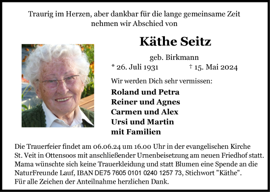 Traueranzeige von Käthe Seitz von Pegnitz-Zeitung