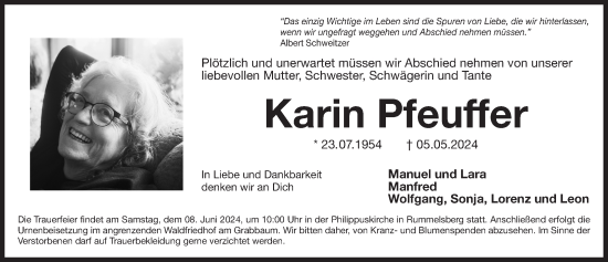 Traueranzeige von Karin Pfeuffer von Der Bote