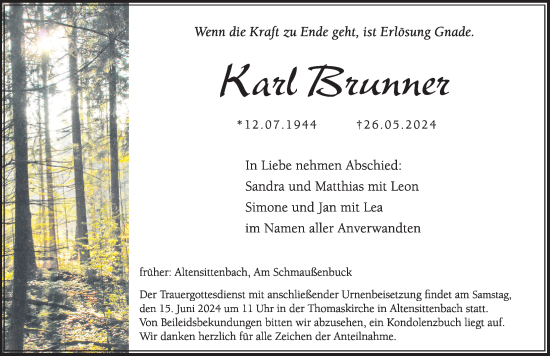 Traueranzeige von Karl Brunner von Hersbrucker Zeitung Lokal