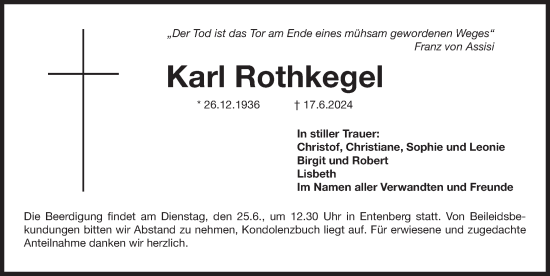 Traueranzeige von Karl Rothkegel von Der Bote