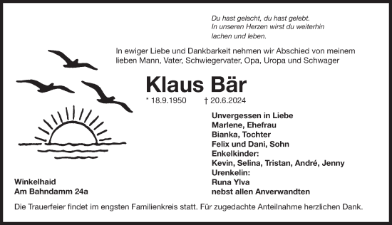 Traueranzeige von Klaus Bär von Der Bote
