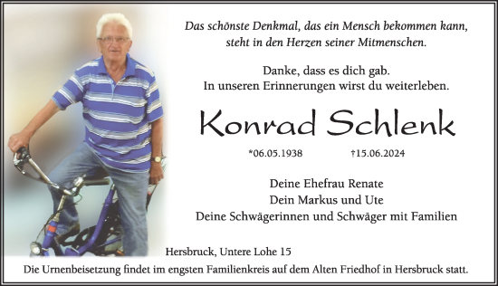 Traueranzeige von Konrad Schlenk von Hersbrucker Zeitung Lokal