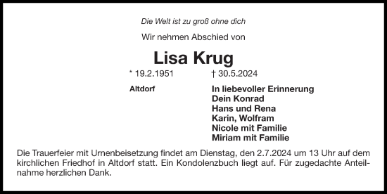 Traueranzeige von Lisa Krug von Der Bote