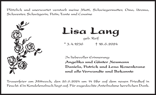 Traueranzeige von Lisa Lang von Der Bote