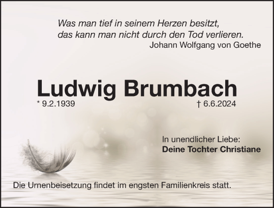 Traueranzeige von Ludwig Brumbach von Pegnitz-Zeitung