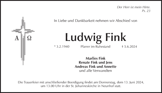 Traueranzeige von Ludwig Fink von Pegnitz-Zeitung