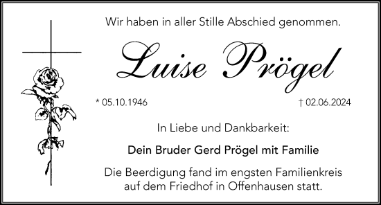 Traueranzeige von Luise Prögel von Hersbrucker Zeitung Lokal