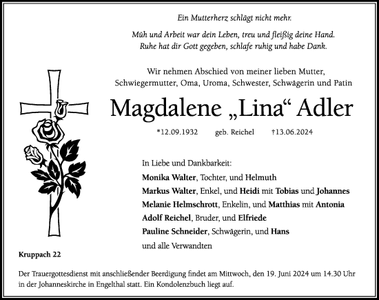 Traueranzeige von Magdalene Adler von Hersbrucker Zeitung Lokal