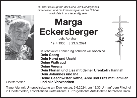 Traueranzeige von Marga Eckersberger von Der Bote