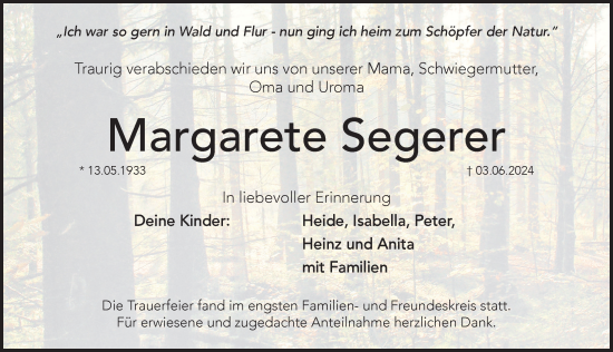Traueranzeige von Margarete Segerer von Pegnitz-Zeitung