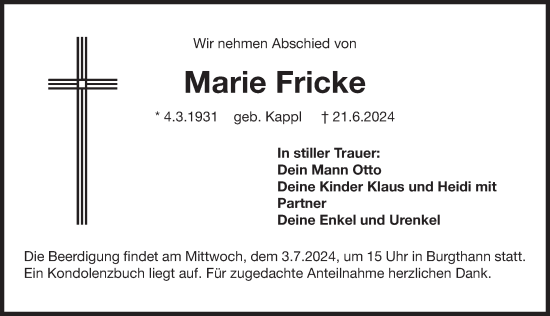 Traueranzeige von Marie Fricke von Der Bote