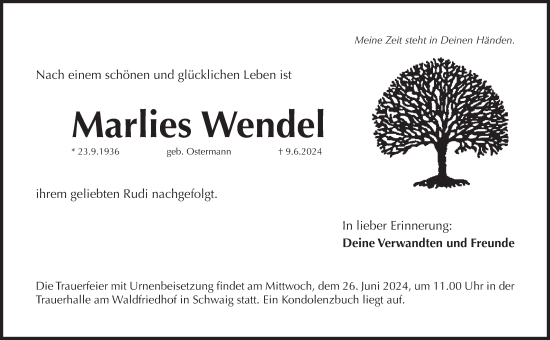 Traueranzeige von Marlies Wendel von Pegnitz-Zeitung