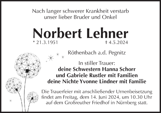 Traueranzeige von Norbert Lehner von Pegnitz-Zeitung