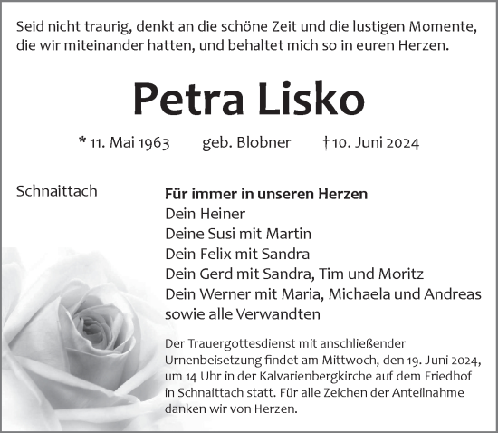 Traueranzeige von Petra Lisko von Pegnitz-Zeitung