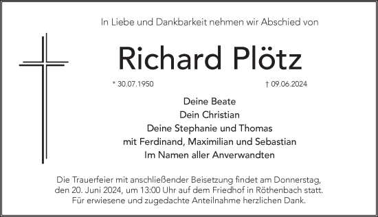 Traueranzeige von Richard Plötz von Pegnitz-Zeitung