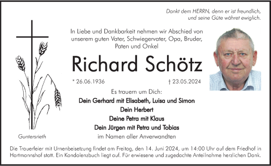 Traueranzeige von Richard Schötz von Hersbrucker Zeitung Lokal