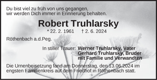 Traueranzeige von Robert Truhlarsky von Pegnitz-Zeitung