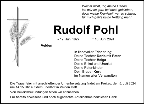 Traueranzeige von Rudolf Pohl von Hersbrucker Zeitung Lokal