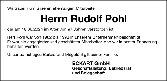 Traueranzeige von Rudolf Pohl von Hersbrucker Zeitung Lokal