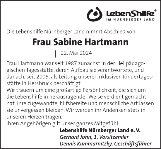 Traueranzeige von Sabine Hartmann von Der Bote